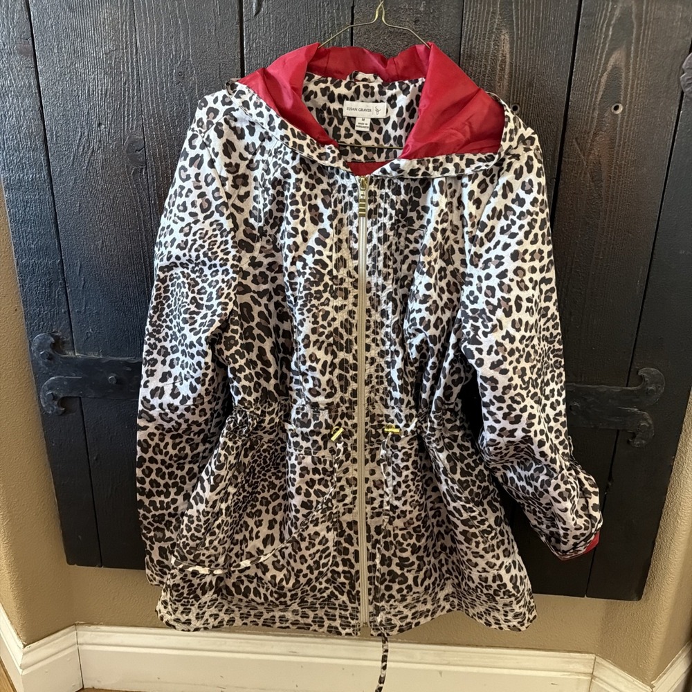 susan graver Hooded Jacket Leopard Print Red Lining Womens Size M